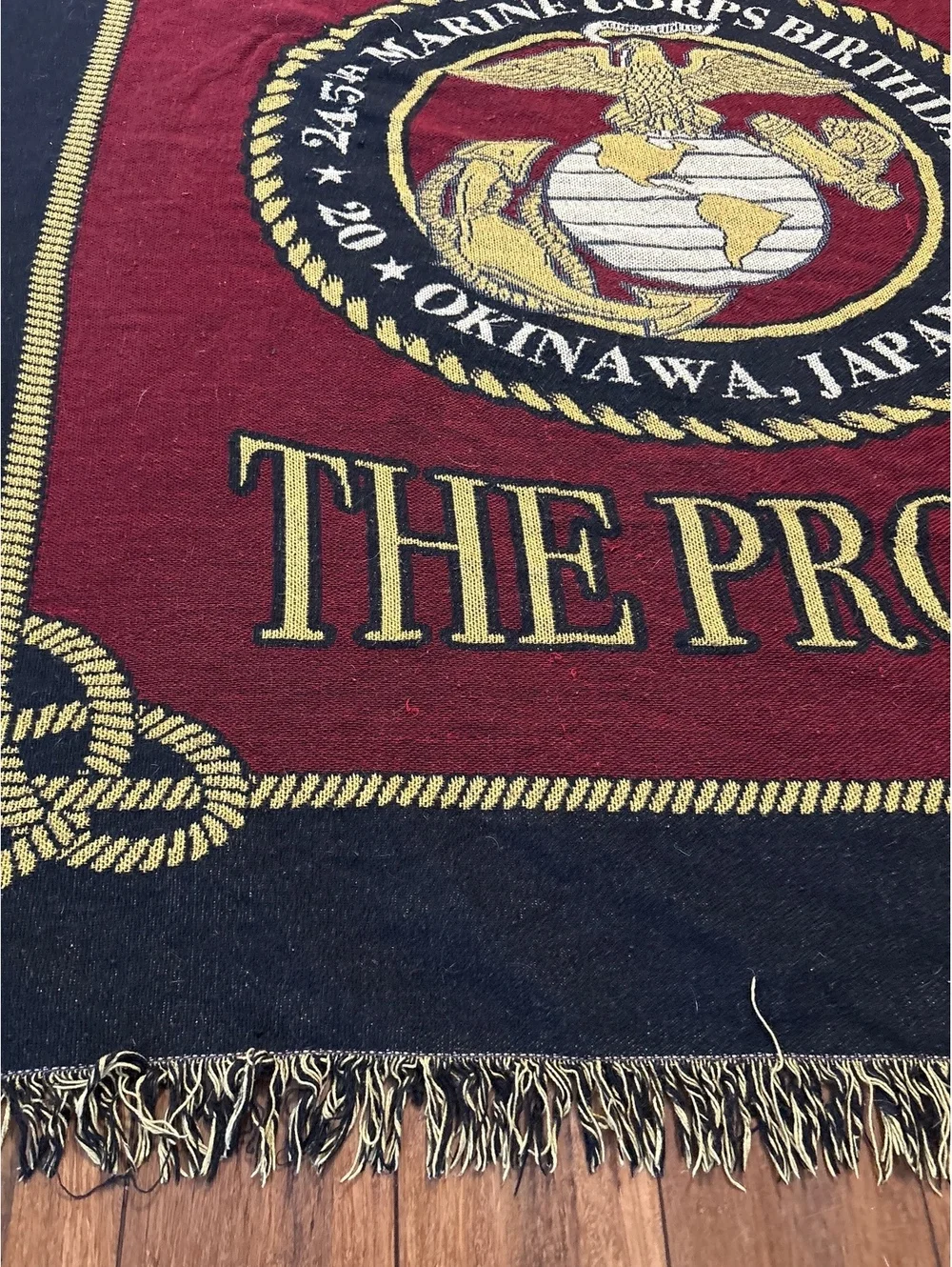 USMC Woven Throw Blanket Unisex 54x60 Burgundy Excellent 245th Birthday Okinawa